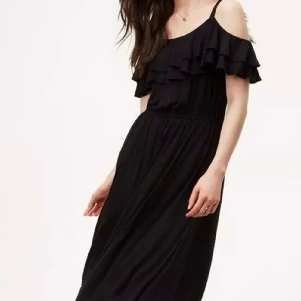 LOFT Black One-Shoulder Ruffle Maxi Dress